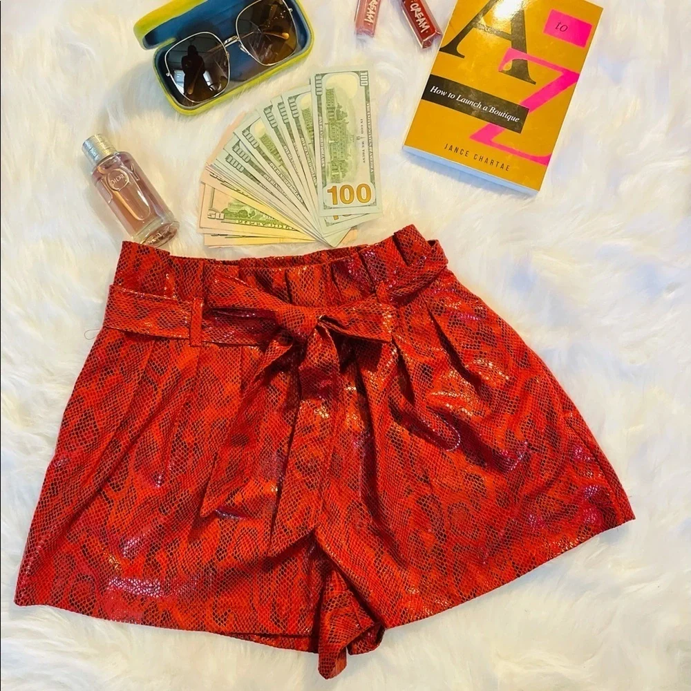 New On Trend Brick Red High Waist Belt Paper Bag Faux Leather Snakeskin Shorts